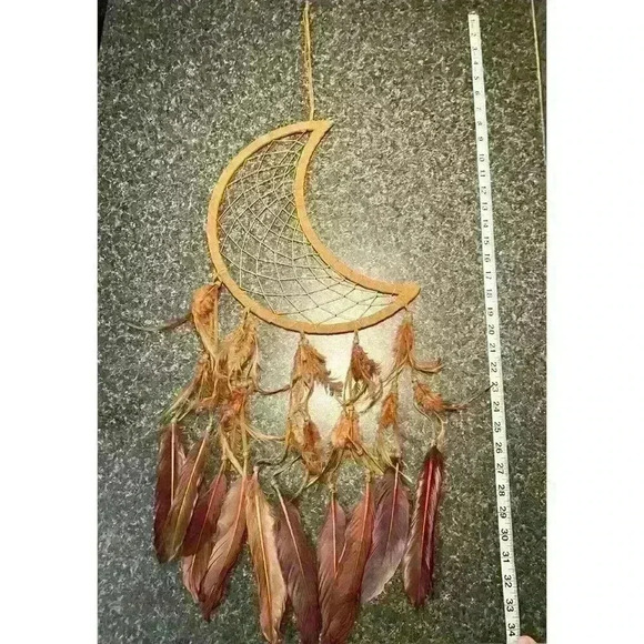 Crescent Moon Dream Catcher Brown Suede Feathers & Beads 34" Long - Picture 4 of 5